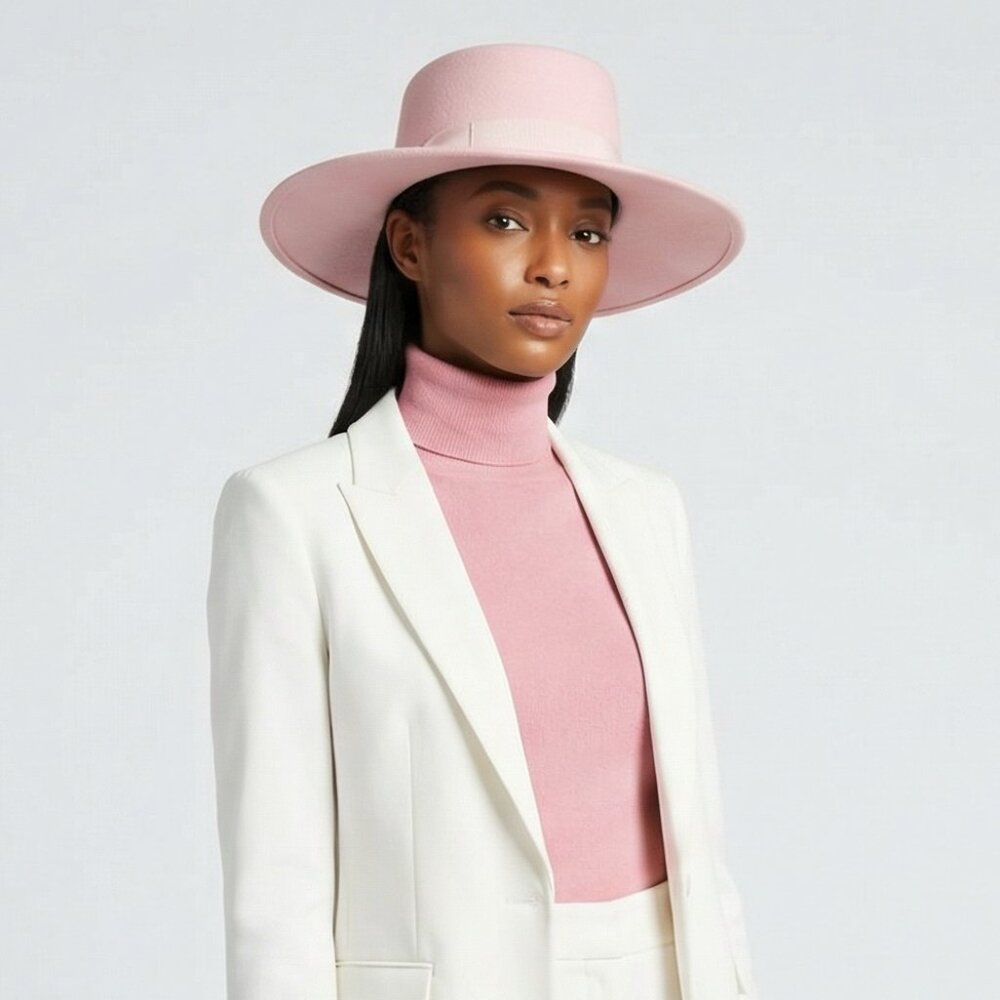 Wide Brim Boater Hat with Ribbon - Structured Faux Felt Hat - Picture 2 of 5